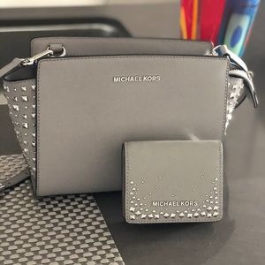 Michael Kors matching studded gray purse & wallet